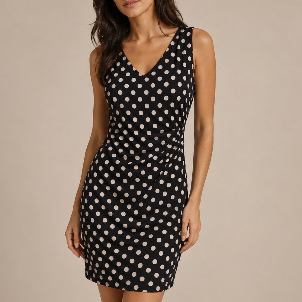 Anne Klein Black Gold Polka Dot V-Neck Sleeveless Ruched Sheath Dress 10 Mod